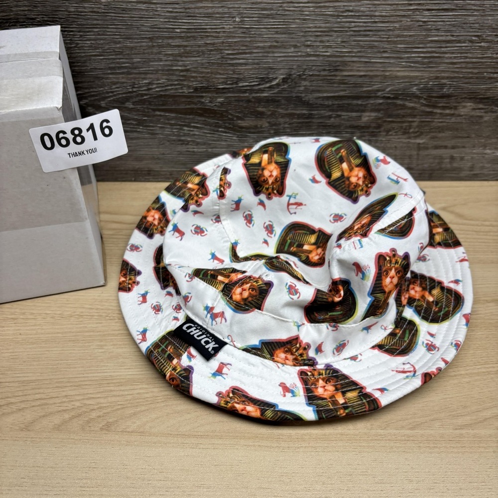 Original Chuck Hat Bucket Fitted One Size White Cat Pharaoh Allover Print NWT - Picture 12 of 12